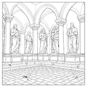 Erhabene Statuen im Arkadenhof Malbild für kleine Spürnasen
