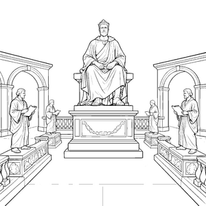 Thronende Königstatue mit Gelehrten Malvorlage für junge Bücherwürmer