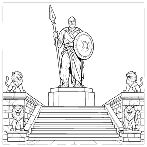 Mächtige Hoplitenstatue mit Löwen Malvorlage für fröhliche Weltenbummler
