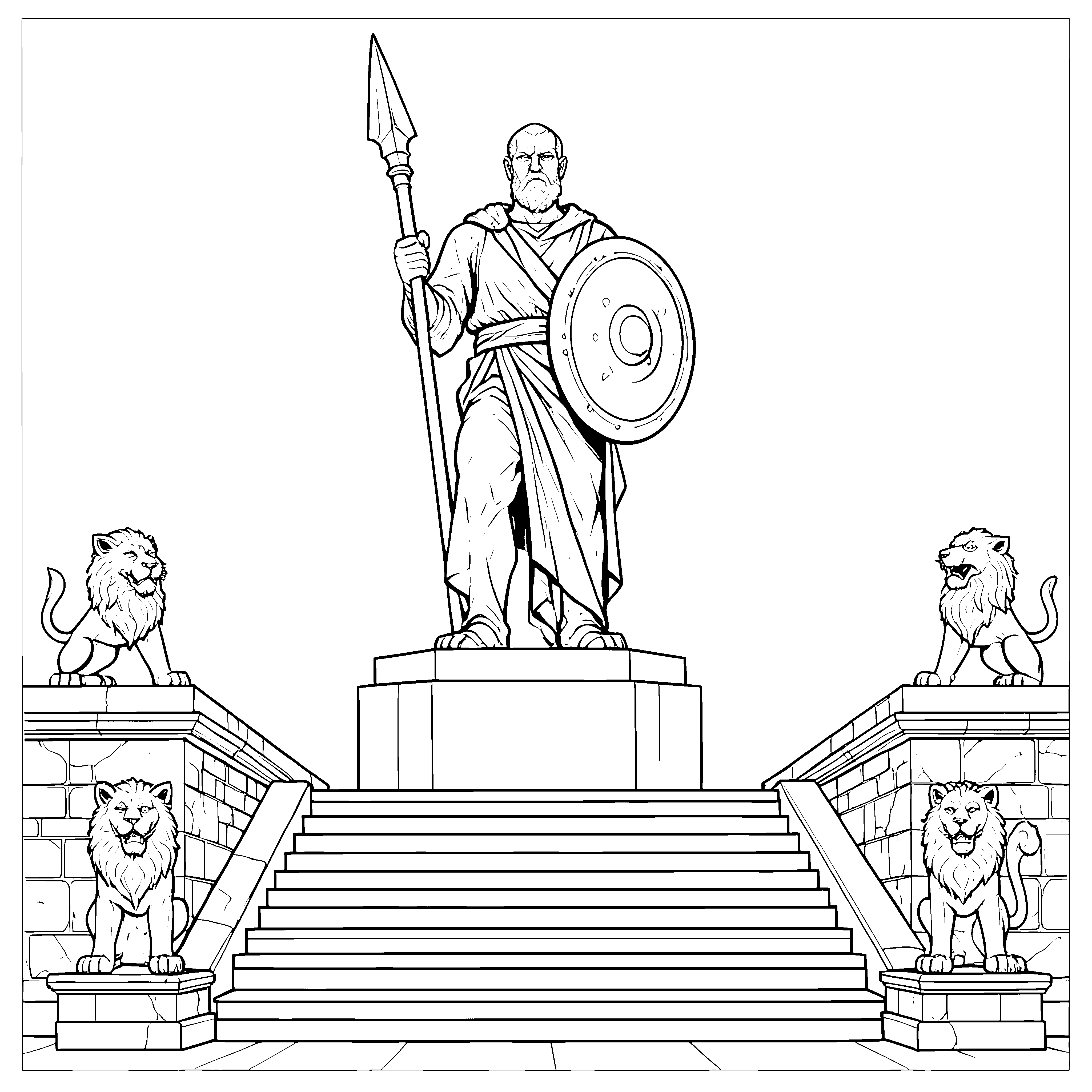 Mächtige Hoplitenstatue mit Löwen Malvorlage für fröhliche Weltenbummler