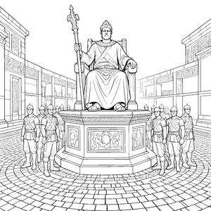 Majestätische Thronstatue mit Wachen Malvorlage für kleine Abenteurer