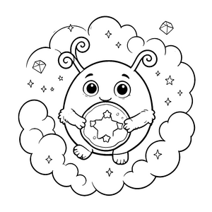 Fröhliches Kawaii-Alien mit Sternenkeks Ausmalvorlage für junge Abenteurer