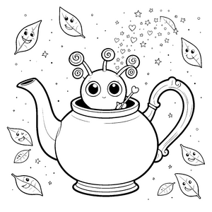 Sympathisches Kawaii-Alien in der Teekanne Malvorlage für neugierige Hobbyköche