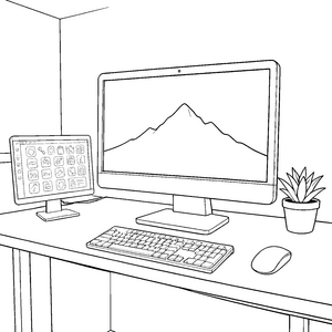 Moderner Arbeitsplatz mit Bergmonitor Ausmalvorlage für kreative IT-Fans