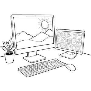 Moderner Doppelmonitor mit Tastatur Malbild für junge IT-Fans