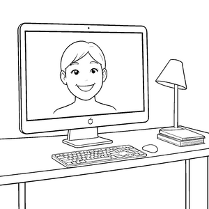 Sympathischer Monitor mit Videocall Ausmalvorlage für kleine Abenteurer