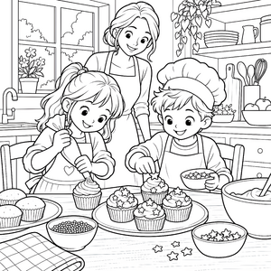 Glückliche Kinder mit Cupcakes Malvorlage für junge Naschkatzen