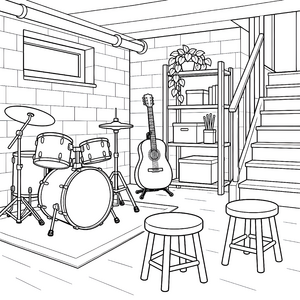 Musikalischer Keller mit Schlagzeug und Gitarre Ausmalvorlage für verträumte Musikfans