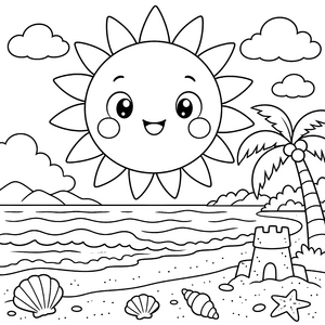 Fröhliche Kawaii-Sonne am Strand Malvorlage für verträumte Meeresfreunde