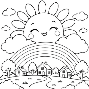 Heiteres Kawaii-Sonnenschein über Regenbogenhaus Ausmalvorlage für neugierige Spürnasen