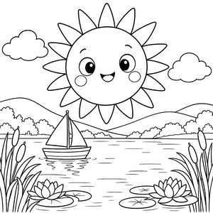 Fröhliche Kawaii-Sonne über Segelboot Ausmalvorlage für Wasserratten