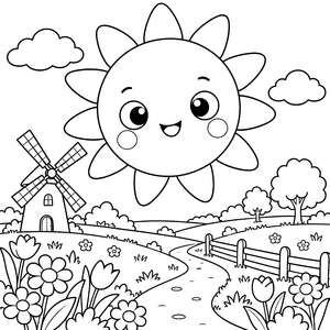 Verspielte Kawaii-Sonne über Windmühle Ausmalbild für kreative Landratten