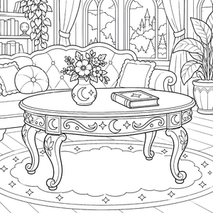 Verschnörkelter Himmeltisch mit Buch und Vase Ausmalbild für kleine Tüftler