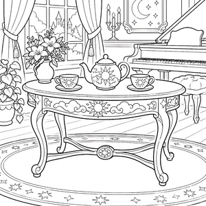 Eleganter Himmeltisch mit Teekanne und Blumen Malbild für malfreudige Bastler