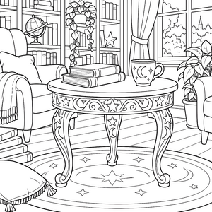 Himmlischer Himmeltisch mit Büchern und Tasse Malvorlage für kleine Bücherwürmer