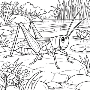 Freundliche Heuschrecke am Teich Malvorlage für fröhliche Bastler