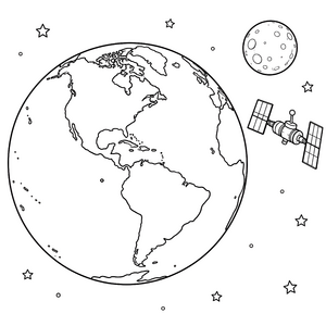 Schwebende Erde mit Satelliten Malvorlage für kleine Weltraumfahrer