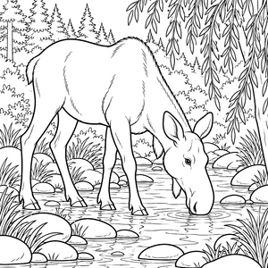 Durstiger Elch am Bach Ausmalbild für kreative Tierfreunde