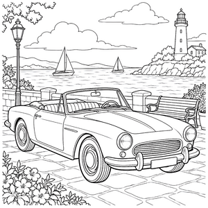 Glänzender Oldtimer vor Leuchtturm Malvorlage für verträumte Seebären