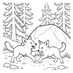Verspielte Wolfsbabys vor einem Felsen Ausmalvorlage für kleine Waldgeister