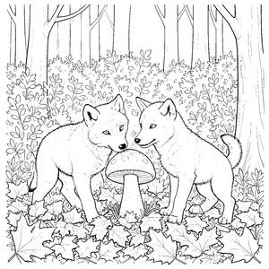 Neugierige Wolfsbabys bei einem Fliegenpilz Malvorlage für junge Spürnasen