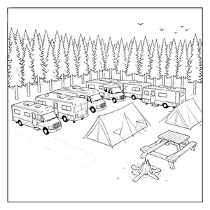 Ausgepackter Campingplatz mit Wohnmobilen Ausmalvorlage für fröhliche Abenteurer
