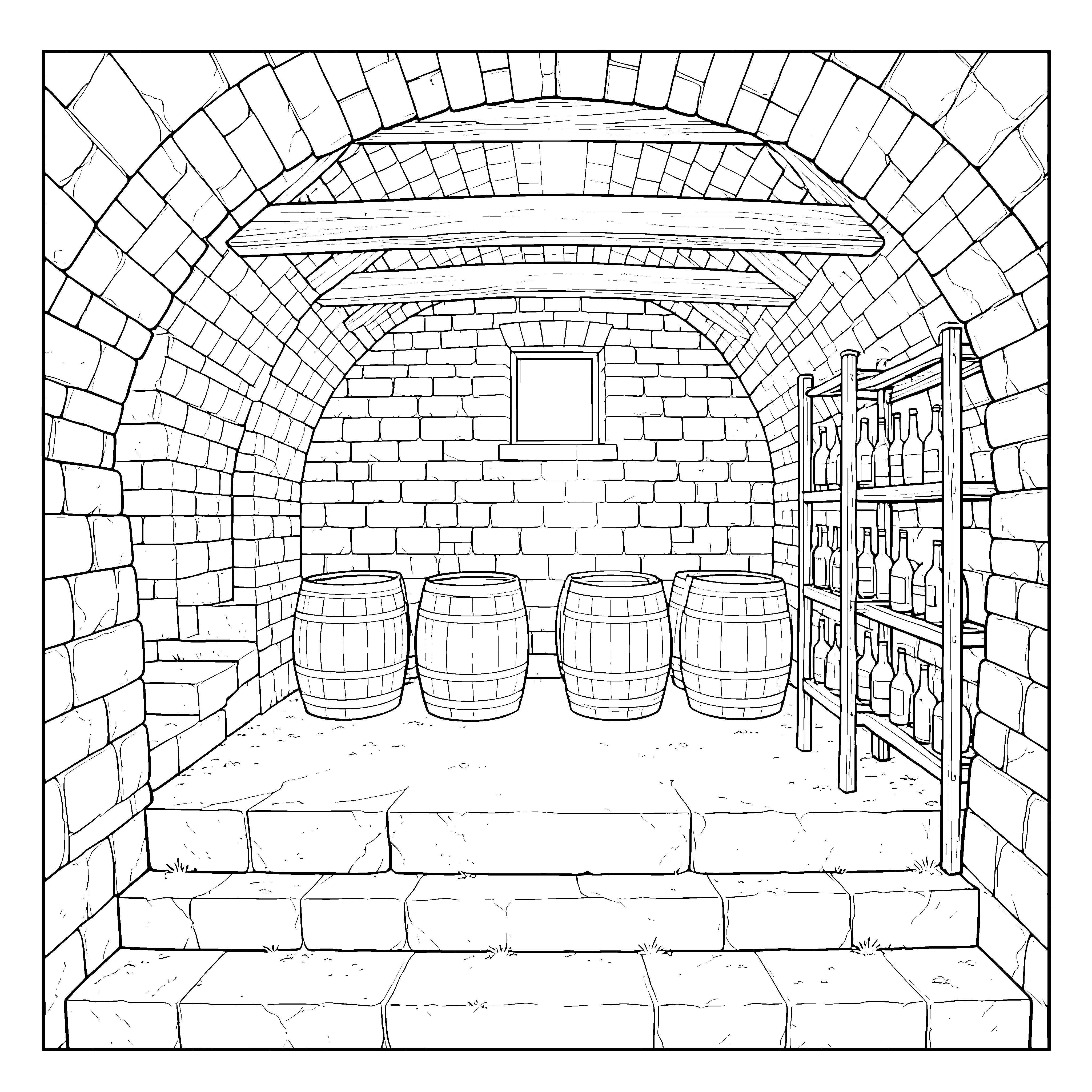 Historischer Keller mit Weinfässern und Regalen Ausmalvorlage für neugierige Landratten