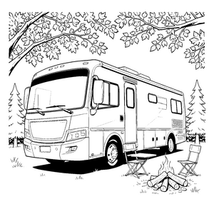 Gemütliches Wohnmobil am Lagerfeuer Malvorlage für verträumte Weltenbummler
