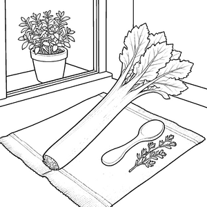 Großer Lauch mit Holzlöffel Ausmalbild für kleine Hobbyköche