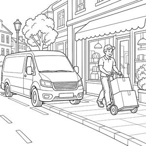 Freundlicher Lieferant mit Wagen Ausmalbild für kleine Logistikfans