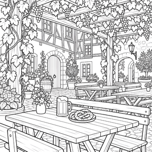 Heuriger Biergarten mit Maßkrug und Brezel Malvorlage für Hobbyköche