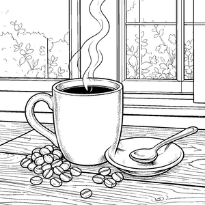 Dampfender Kaffee mit Kaffeebohnen Malvorlage für neugierige Hobbyköche