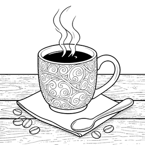 Verschnörkelter Kaffee mit Löffel Malbild für mutige Frühstücksfreunde