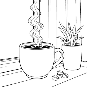 Warmer Kaffee mit Pflanze Ausmalvorlage für gemütliche Genießer