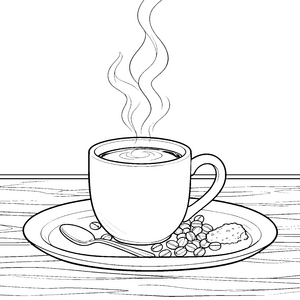 Dampfender Kaffee mit Löffel und Keks Ausmalbild für Frühstücksfreunde