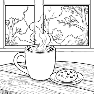 Dampfender Kaffee mit Schokocookie Ausmalbild für Frühaufsteher