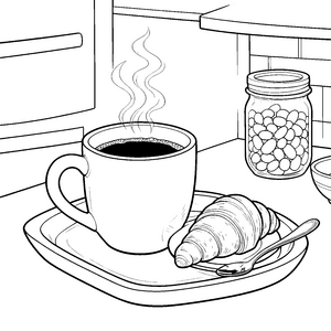 Duftender Kaffee mit Croissant Ausmalvorlage für neugierige Hobbyköche