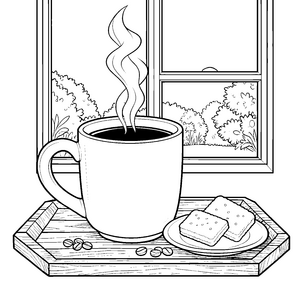 Heißer Kaffee mit Keksen auf dem Tablett Ausmalbild für malfreudige Naschkatzen