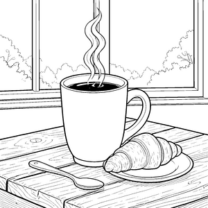 Dampfender Kaffee mit Croissant Malbild für neugierige Frühaufsteher