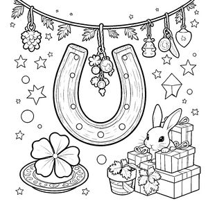 Glückliches Hufeisen mit Hasen und Geschenken Malbild für kleine Tüftler