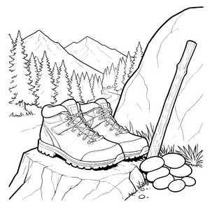 Stolze Bergschuhe vor Bergen Ausmalvorlage für kreative Spürnasen