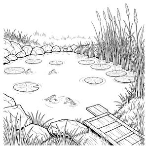Lebhafter Teich mit Fröschen und Schilf Malbild für mutige Wasserratten