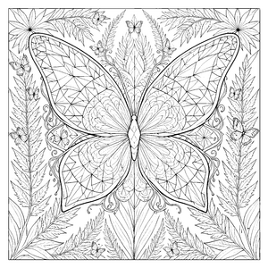 Filigranes Schmetterlings-Mandala mit Farnwedeln Ausmalbild für malfreudige Naturfreunde