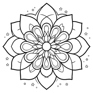 Festes Lotosblüten-Mandala mit Sternen Ausmalbild für verträumte Naturfreunde