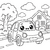 Heiteres Kawaii-Auto vor dem Haus Ausmalvorlage für kleine Autofans